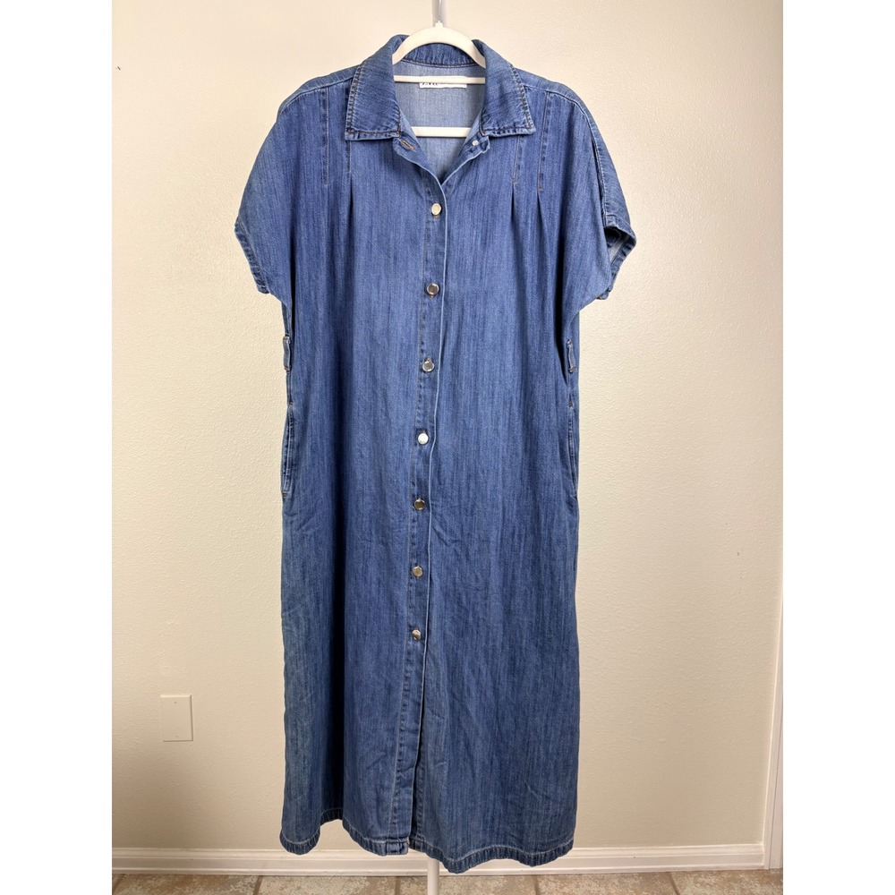 Zara Denim Shirt Dress Maxi Button Front 100% Cotton Modest Coastal Grandmother